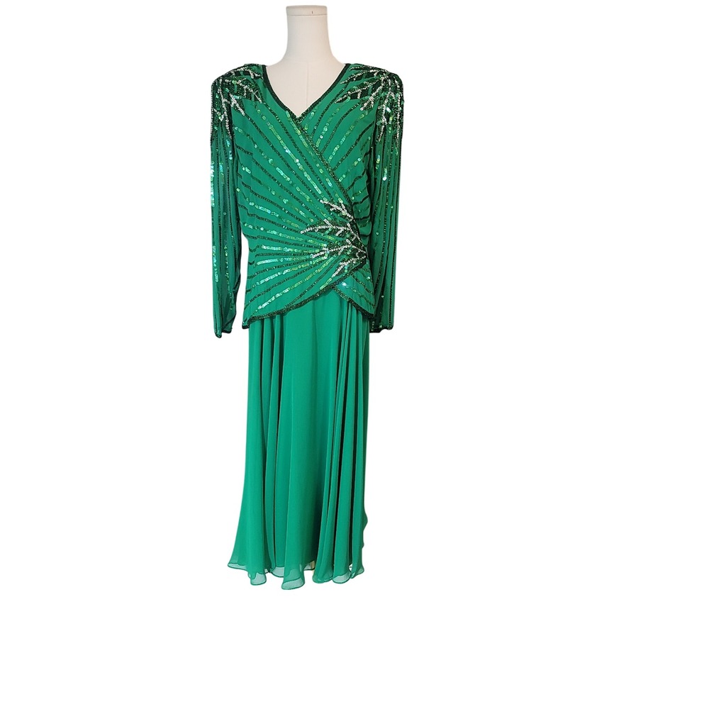 Stunning Green Sequin Beaded V Neck Long Sleeve Maxi Dress Formal Evening Gown